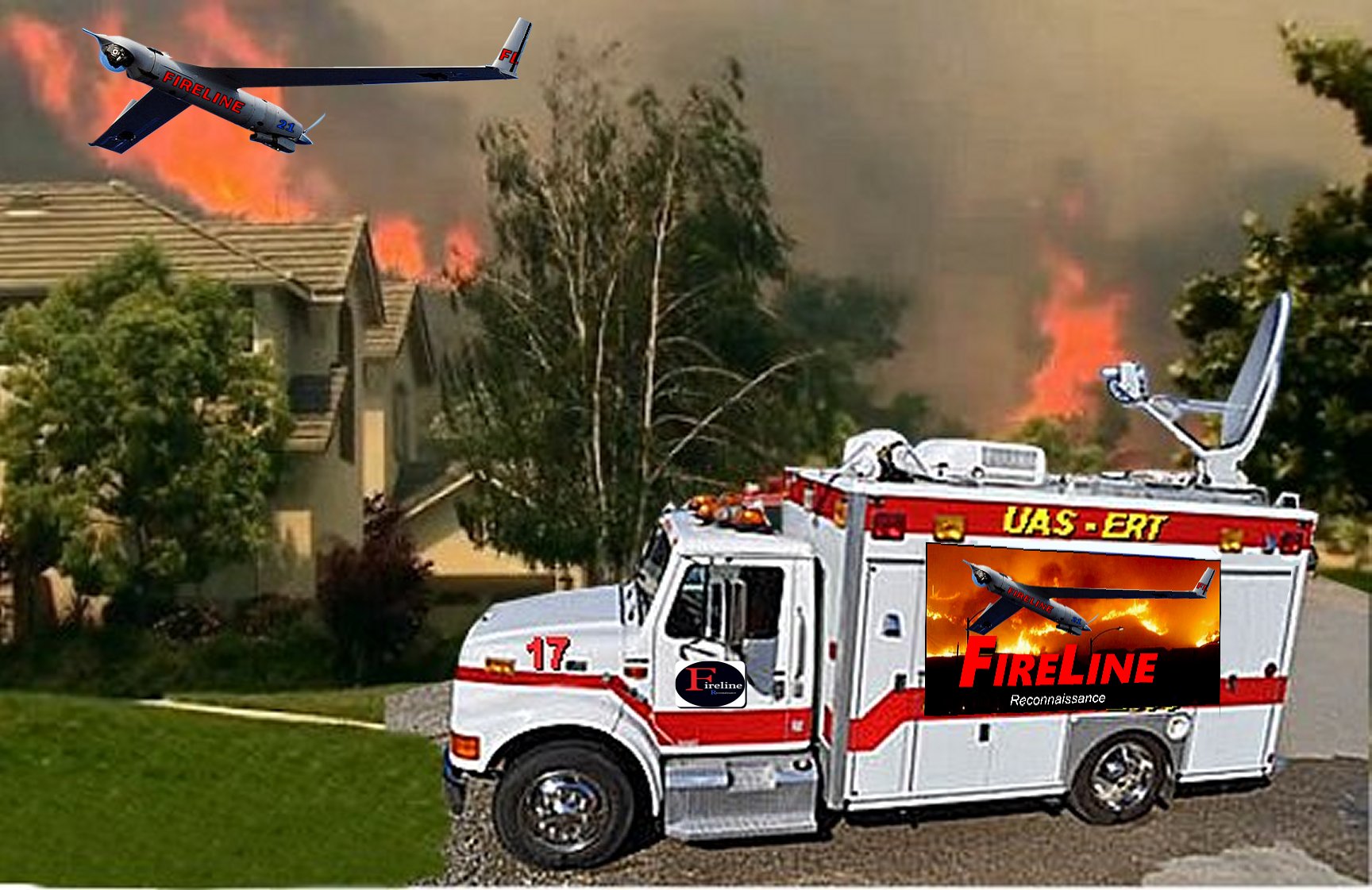 Mobile ground control station fire truck with satellite and ScanEagle branding