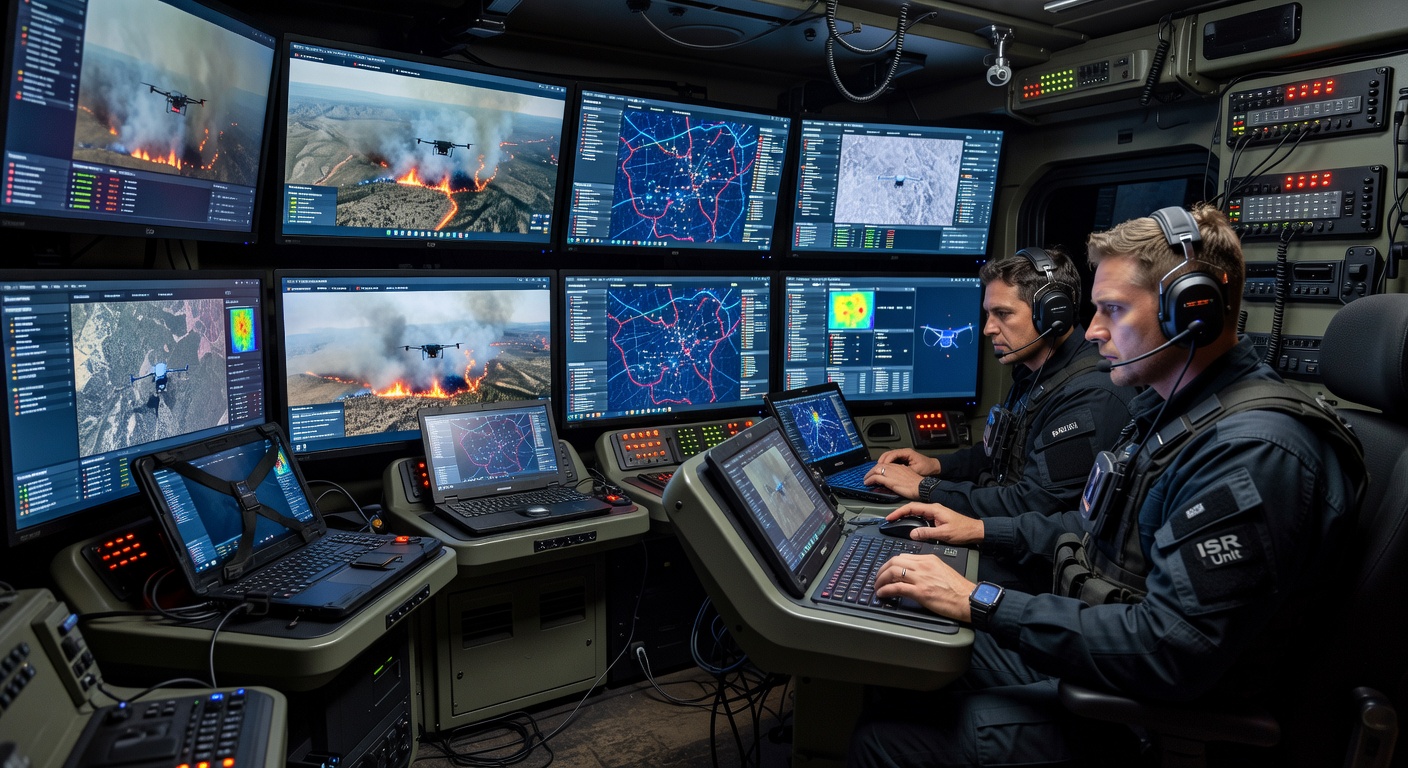 Technicians inside mobile ground station monitoring live ISR feeds