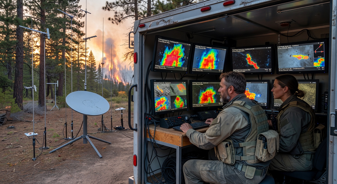Ground station technicians operating mobile ISR command unit with live drone feeds