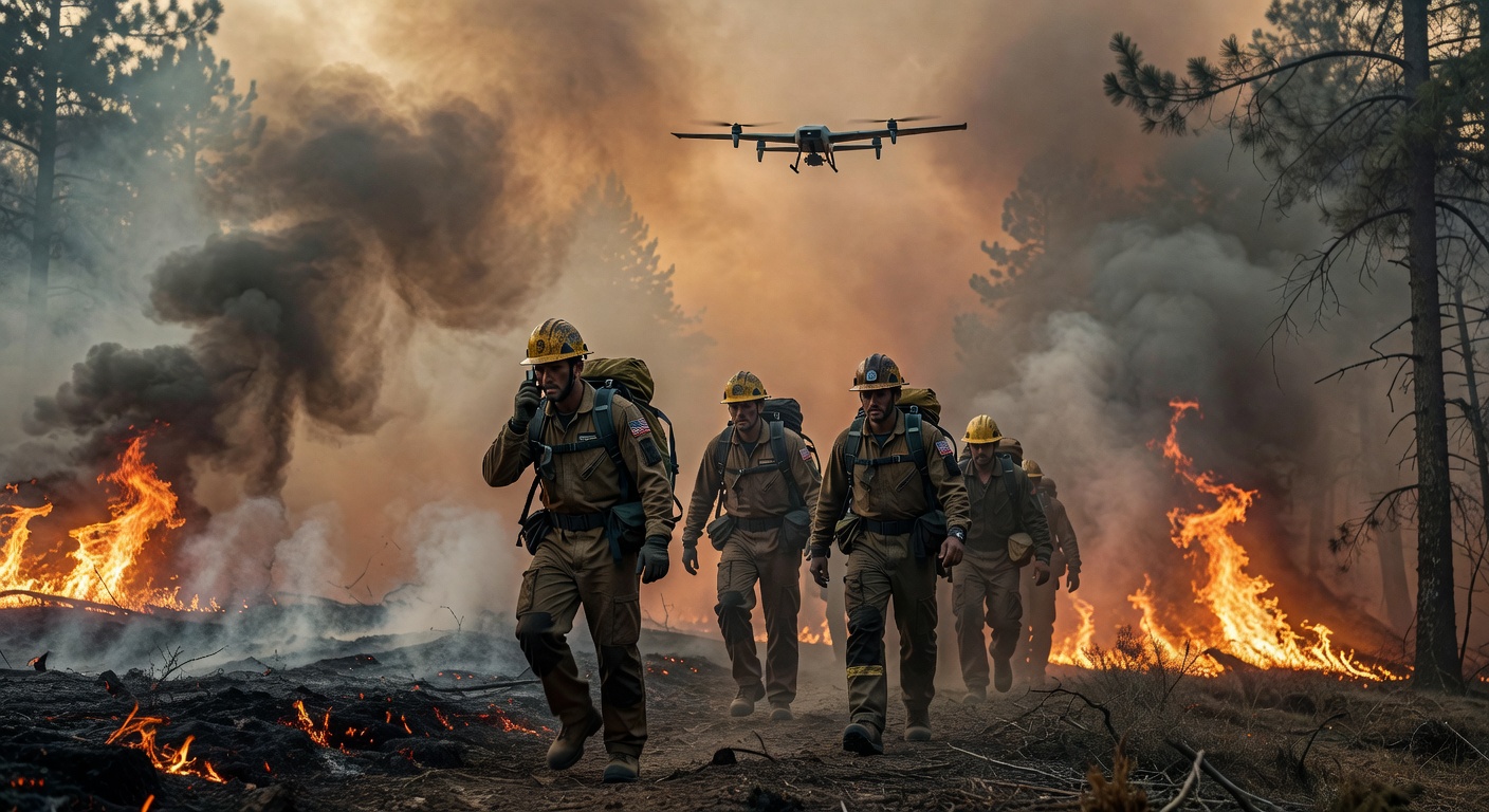 Smokejumpers receiving overwatch from ScanEagle drone during active wildfire operations